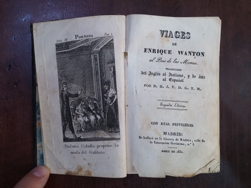 Portada del libro de Viages de Enrique Wanton al País de las Monas traducidos del inglés al italiano, y de éste al español...